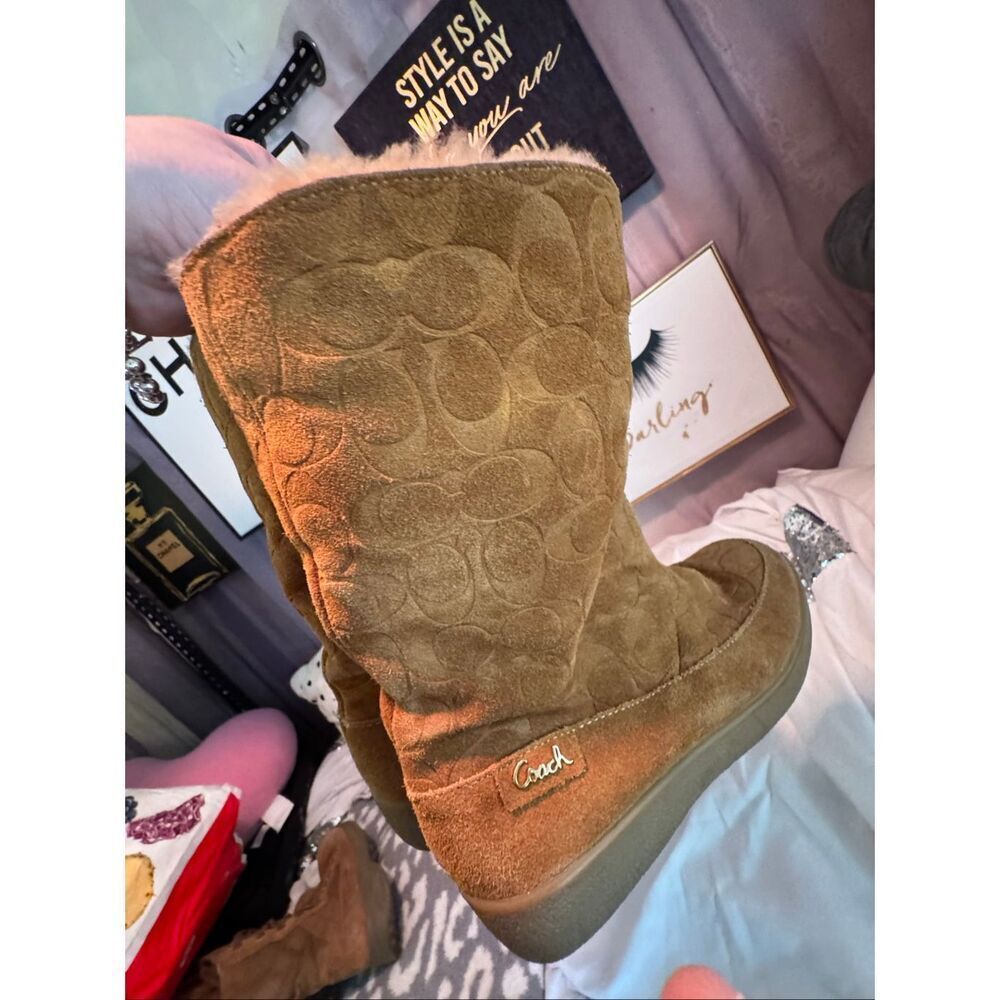 Vintage  Coach Tan Signature Cc Suede Bootie Tobacco 9 | Wool Cozy Chic Boho 10 - Picture 4 of 9